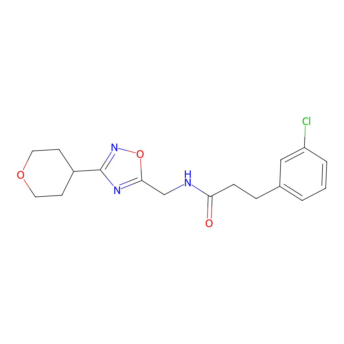 3-(3-chlorophenyl)-N-((3-(tetrahydro-2H-pyran-4-yl)-1,2,4-oxadiazol-5-yl)methyl)propanamide molecular structure, CAS 2034562-56-4