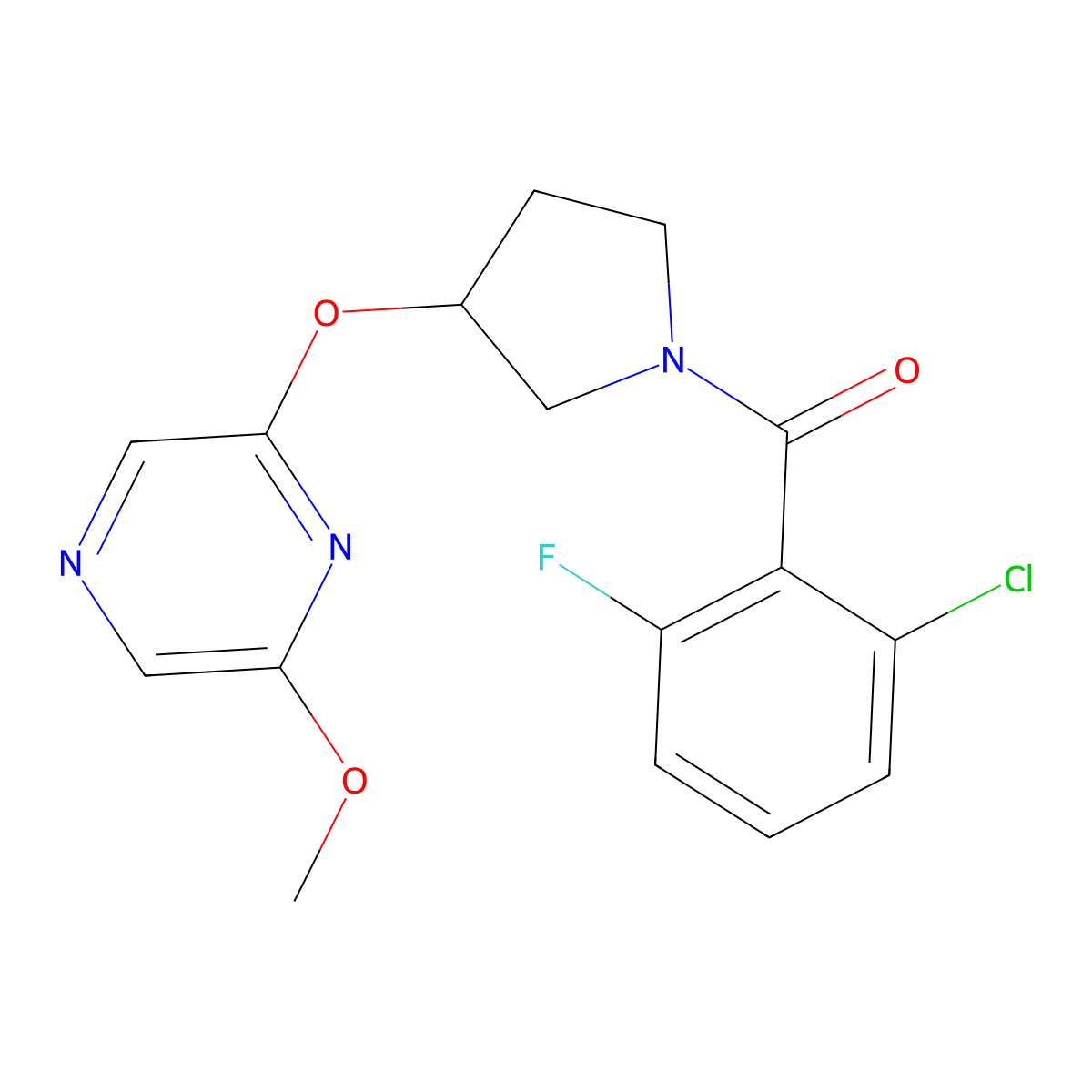 (2-Chloro-6-fluorophenyl)(3-((6-methoxypyrazin-2-yl)oxy)pyrrolidin-1-yl)methanone molecular structure, CAS 2034562-60-0