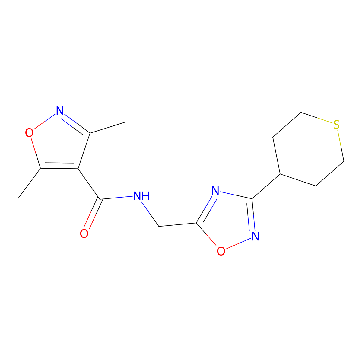 3,5-dimethyl-N-((3-(tetrahydro-2H-thiopyran-4-yl)-1,2,4-oxadiazol-5-yl)methyl)isoxazole-4-carboxamide molecular structure, CAS 2034562-66-6