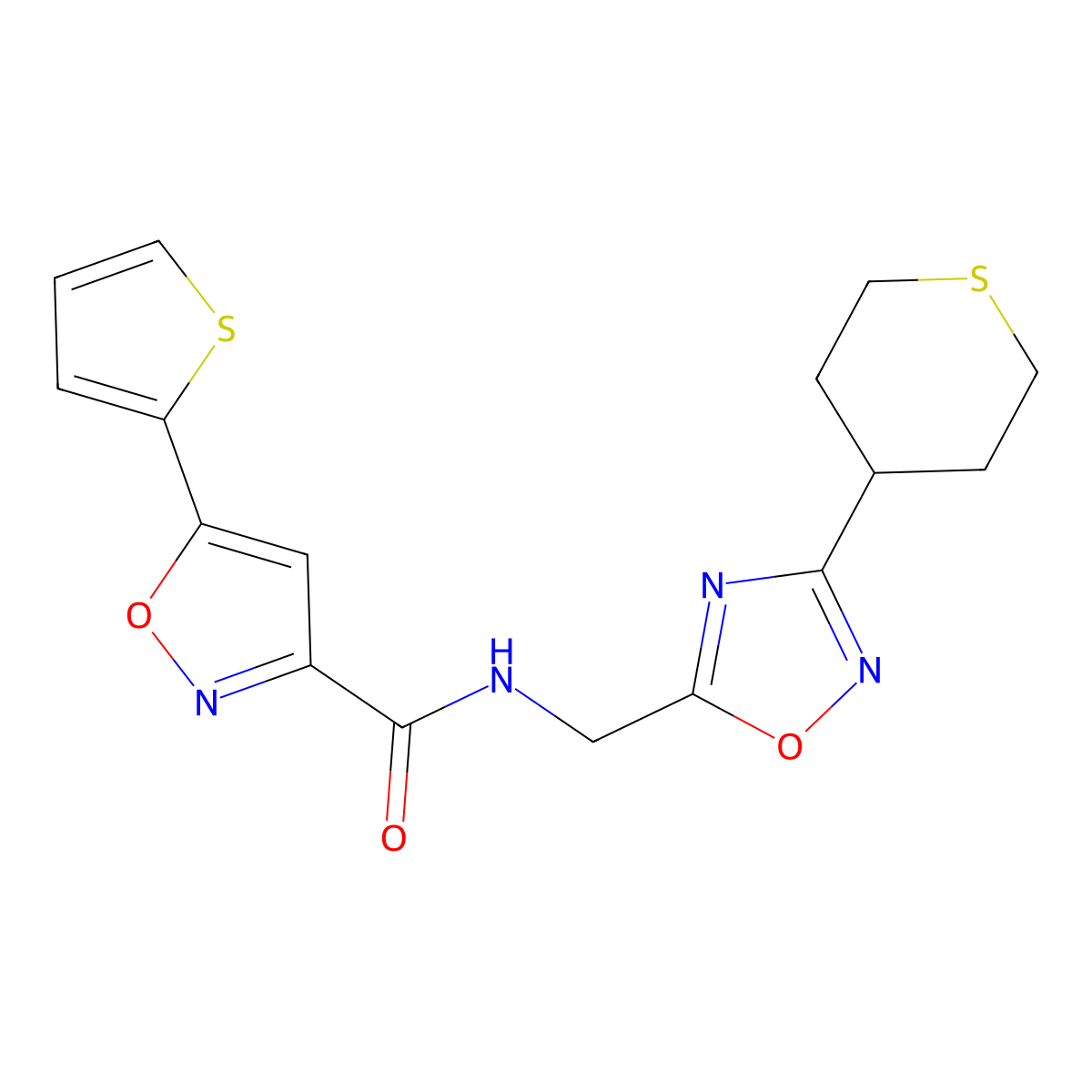 N-((3-(tetrahydro-2H-thiopyran-4-yl)-1,2,4-oxadiazol-5-yl)methyl)-5-(thiophen-2-yl)isoxazole-3-carboxamide molecular structure, CAS 2034562-75-7