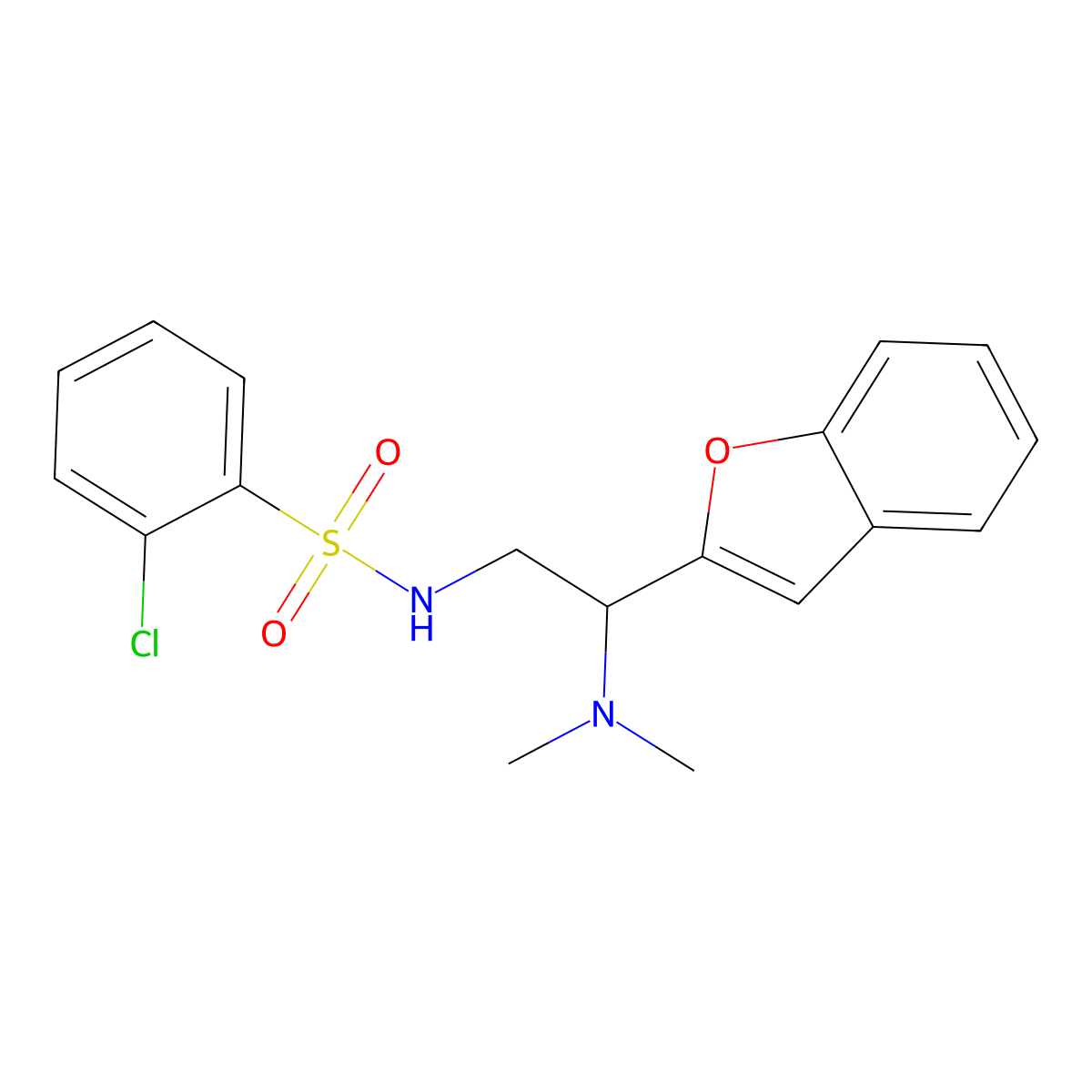 N-(2-(benzofuran-2-yl)-2-(dimethylamino)ethyl)-2-chlorobenzenesulfonamide molecular structure, CAS 2034562-82-6