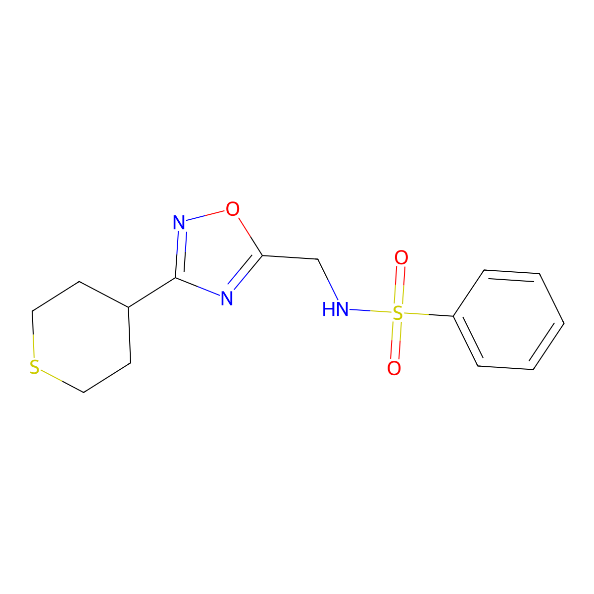 N-((3-(tetrahydro-2H-thiopyran-4-yl)-1,2,4-oxadiazol-5-yl)methyl)benzenesulfonamide molecular structure, CAS 2034562-86-0