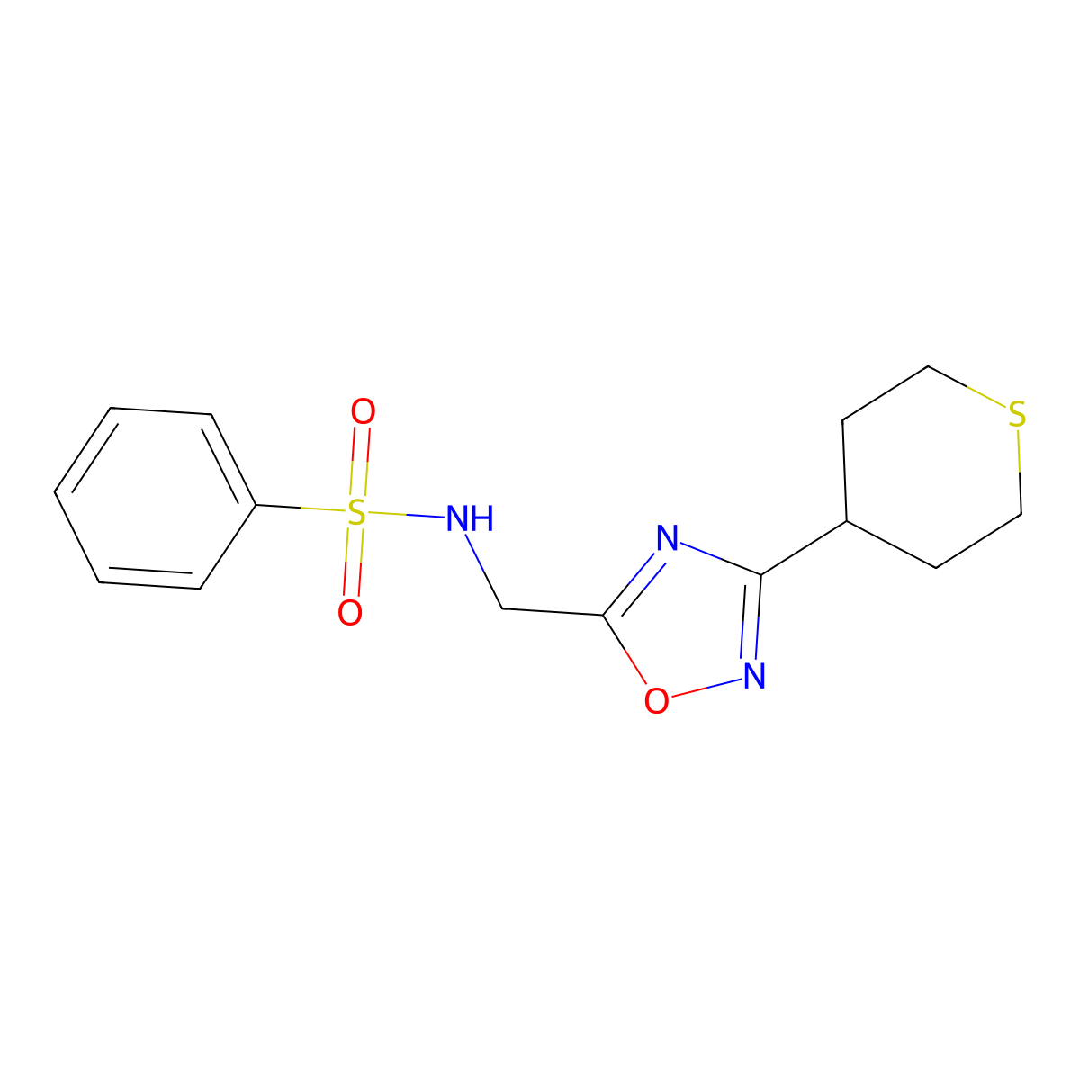 N-((3-(tetrahydro-2H-thiopyran-4-yl)-1,2,4-oxadiazol-5-yl)methyl)benzenesulfonamide molecular structure, CAS 2034562-86-0