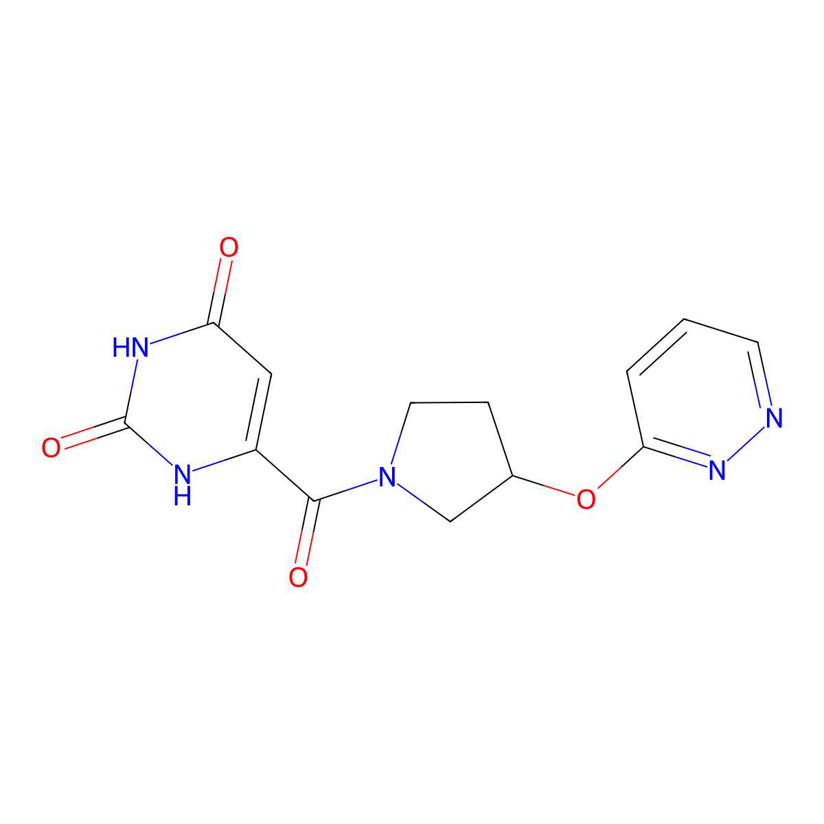 6-(3-(pyridazin-3-yloxy)pyrrolidine-1-carbonyl)pyrimidine-2,4(1H,3H)-dione molecular structure, CAS 2034562-98-4