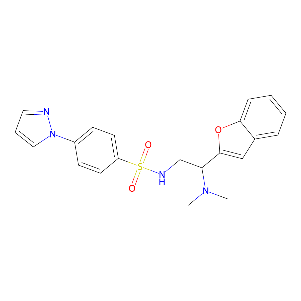 N-(2-(benzofuran-2-yl)-2-(dimethylamino)ethyl)-4-(1H-pyrazol-1-yl)benzenesulfonamide molecular structure, CAS 2034563-03-4