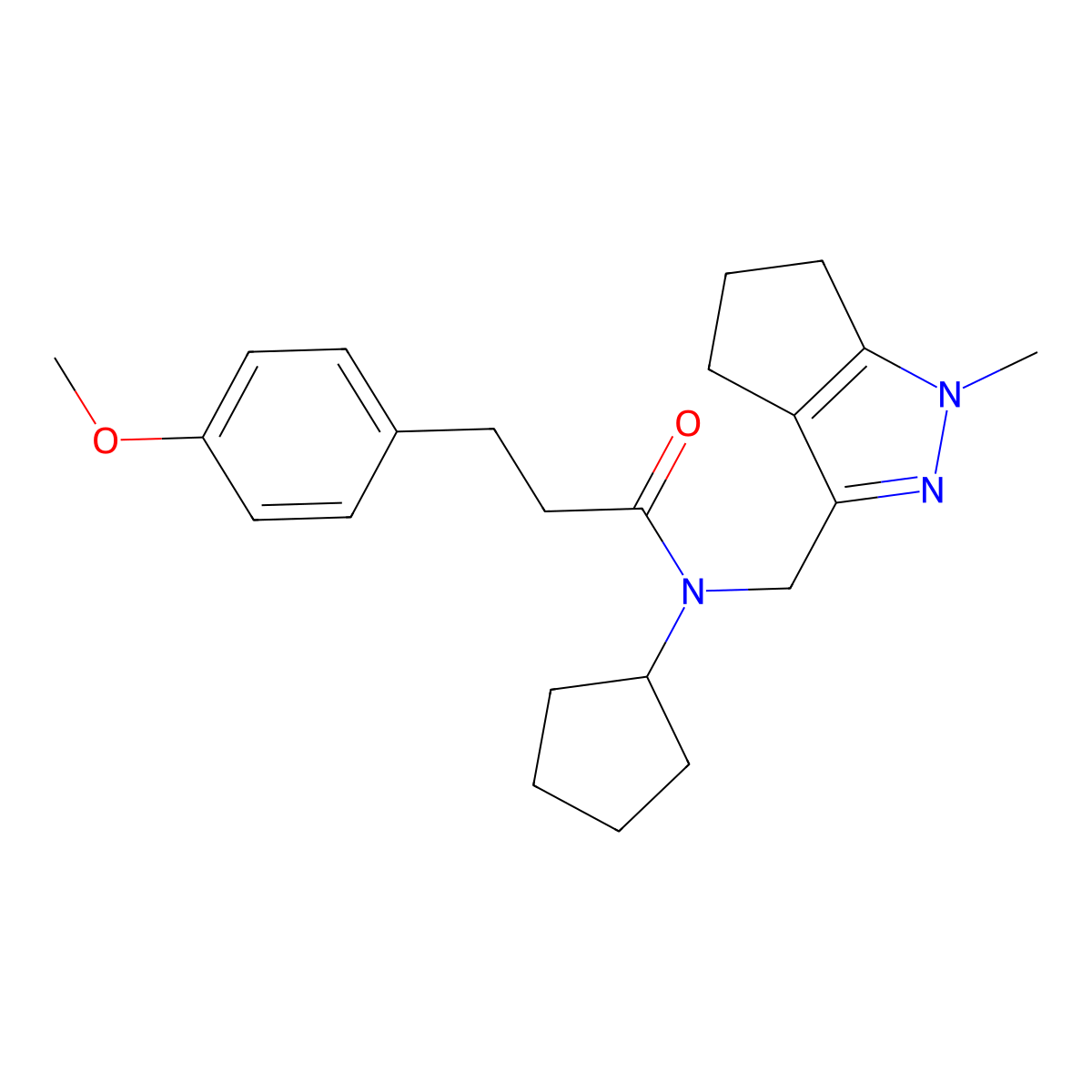N-cyclopentyl-3-(4-methoxyphenyl)-N-((1-methyl-1,4,5,6-tetrahydrocyclopenta[c]pyrazol-3-yl)methyl)propanamide molecular structure, CAS 2034563-05-6