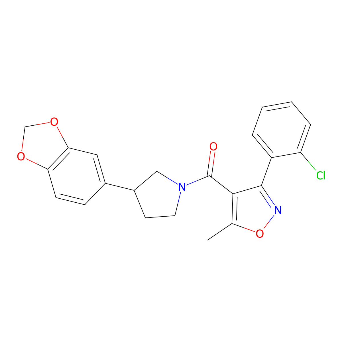 (3-(Benzo[d][1,3]dioxol-5-yl)pyrrolidin-1-yl)(3-(2-chlorophenyl)-5-methylisoxazol-4-yl)methanone molecular structure, CAS 2034563-09-0