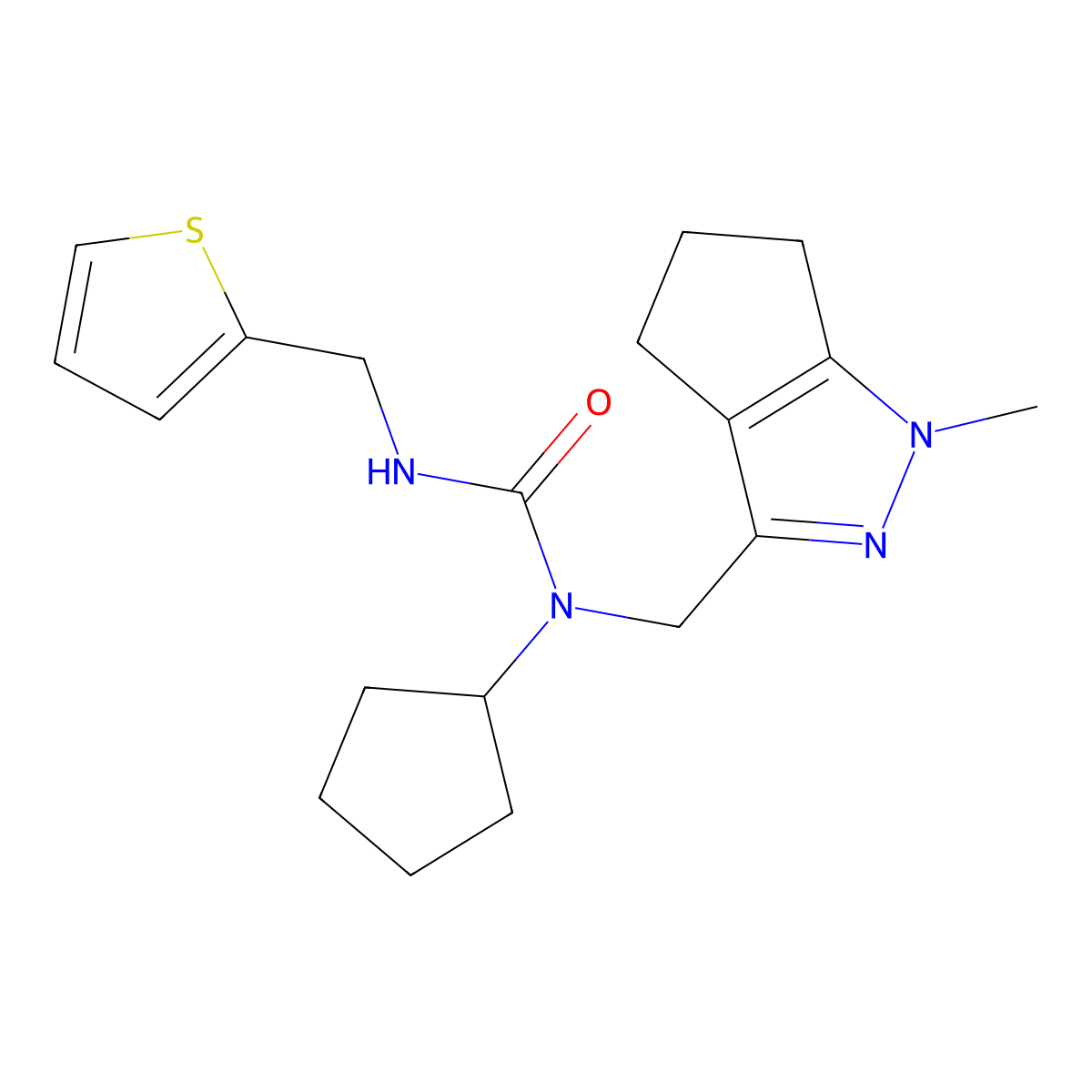 1-Cyclopentyl-1-((1-methyl-1,4,5,6-tetrahydrocyclopenta[c]pyrazol-3-yl)methyl)-3-(thiophen-2-ylmethyl)urea molecular structure, CAS 2034563-14-7