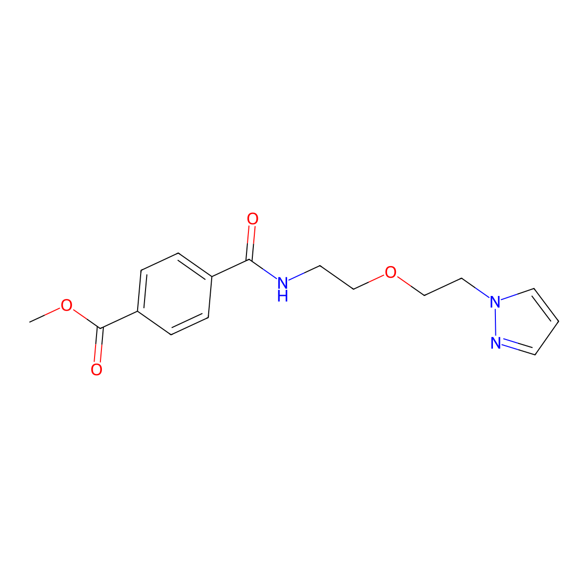 methyl 4-((2-(2-(1H-pyrazol-1-yl)ethoxy)ethyl)carbamoyl)benzoate molecular structure, CAS 2034563-40-9