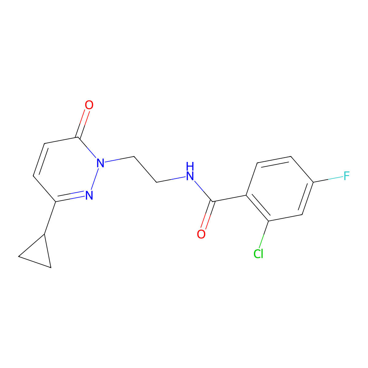 2-chloro-N-(2-(3-cyclopropyl-6-oxopyridazin-1(6H)-yl)ethyl)-4-fluorobenzamide molecular structure, CAS 2034563-42-1