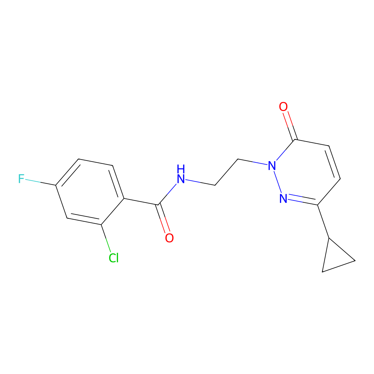 2-chloro-N-(2-(3-cyclopropyl-6-oxopyridazin-1(6H)-yl)ethyl)-4-fluorobenzamide molecular structure, CAS 2034563-42-1