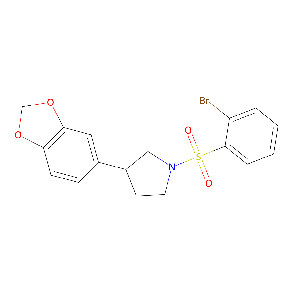 3-(Benzo[d][1,3]dioxol-5-yl)-1-((2-bromophenyl)sulfonyl)pyrrolidine molecular structure, CAS 2034563-47-6