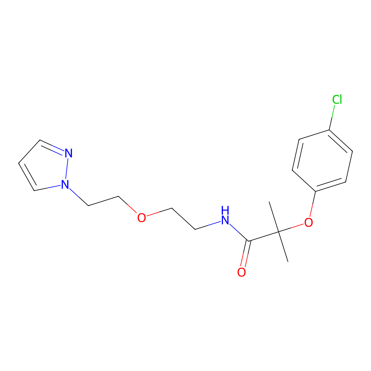 2-(4-chlorophenoxy)-2-methyl-N-{2-[2-(1H-pyrazol-1-yl)ethoxy]ethyl}propanamide molecular structure, CAS 2034563-57-8