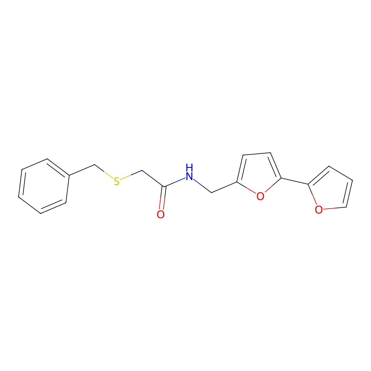 N-([2,2'-bifuran]-5-ylmethyl)-2-(benzylthio)acetamide molecular structure, CAS 2034563-58-9