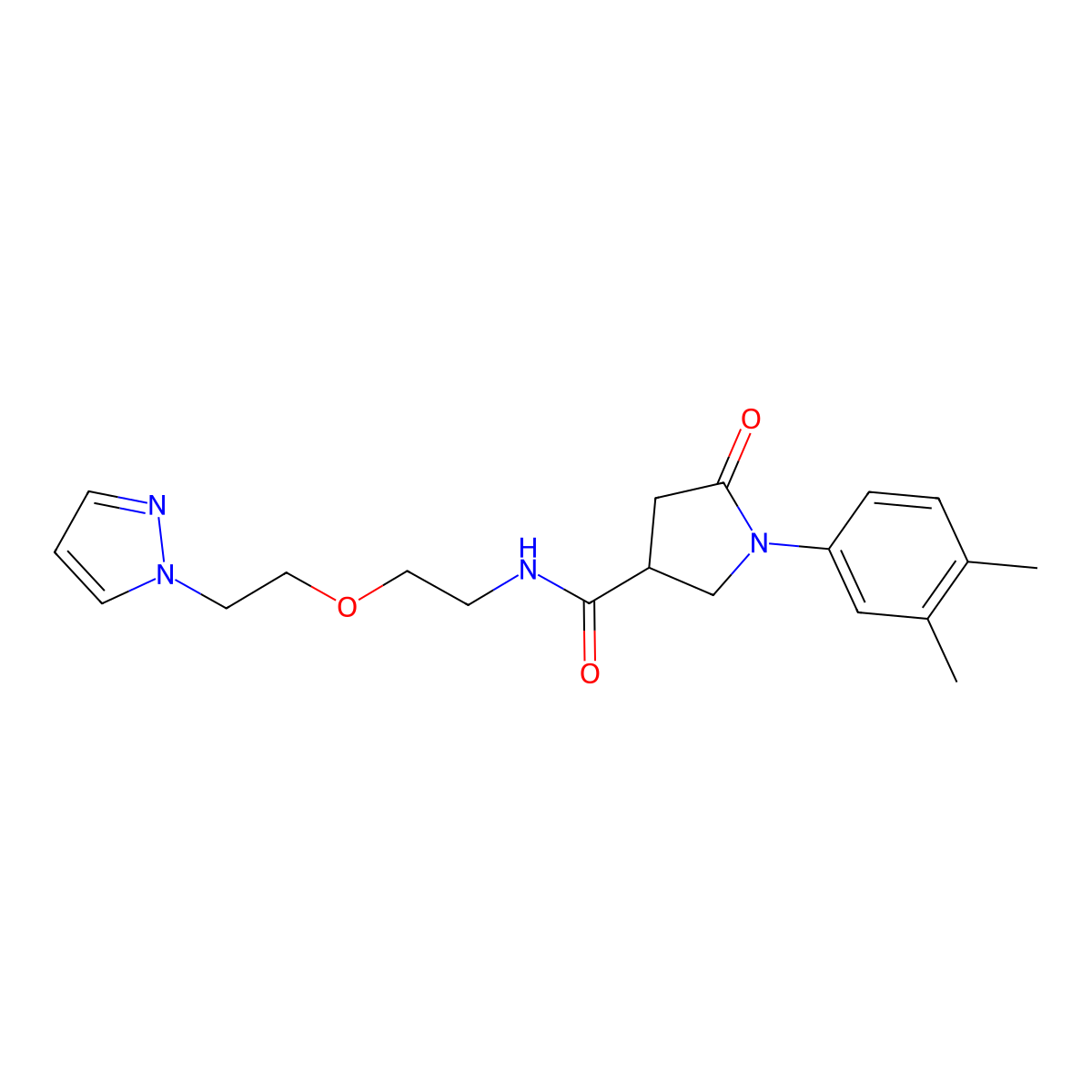 N-(2-(2-(1H-pyrazol-1-yl)ethoxy)ethyl)-1-(3,4-dimethylphenyl)-5-oxopyrrolidine-3-carboxamide molecular structure, CAS 2034563-63-6