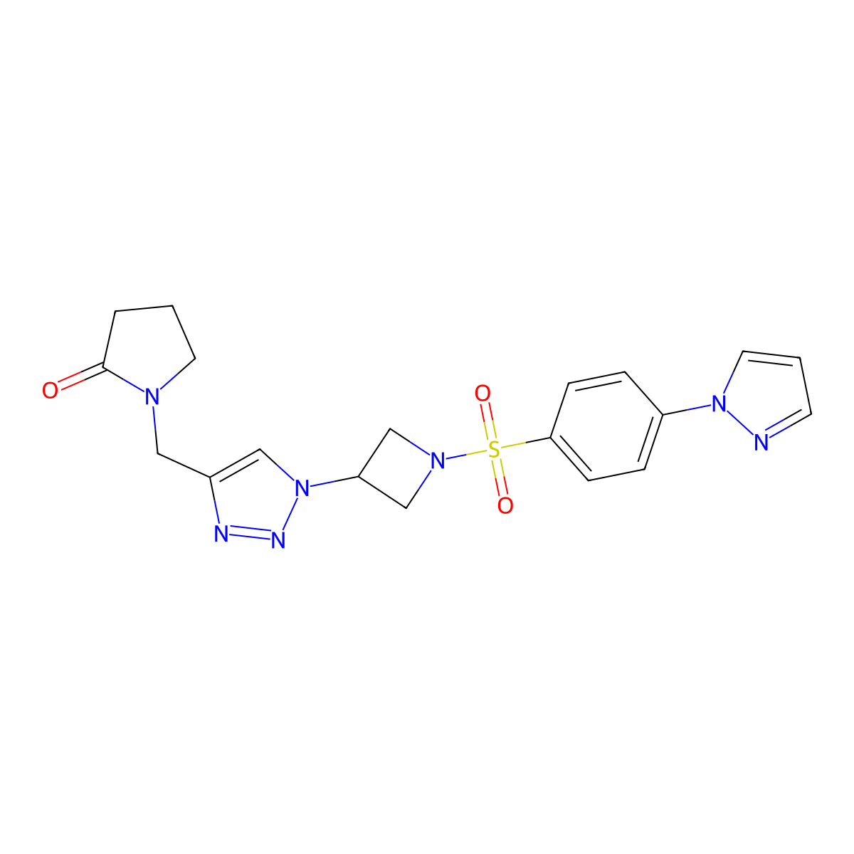 1-((1-(1-((4-(1H-pyrazol-1-yl)phenyl)sulfonyl)azetidin-3-yl)-1H-1,2,3-triazol-4-yl)methyl)pyrrolidin-2-one molecular structure, CAS 2034563-67-0