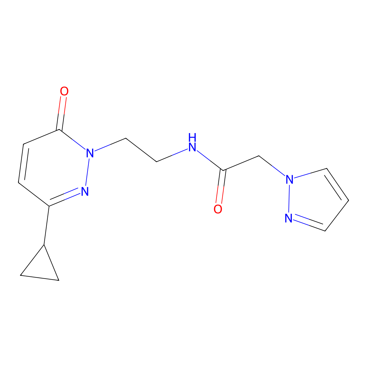 N-(2-(3-cyclopropyl-6-oxopyridazin-1(6H)-yl)ethyl)-2-(1H-pyrazol-1-yl)acetamide molecular structure, CAS 2034563-70-5