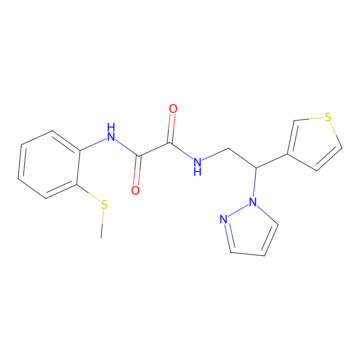 N1-(2-(1H-pyrazol-1-yl)-2-(thiophen-3-yl)ethyl)-N2-(2-(methylthio)phenyl)oxalamide molecular structure, CAS 2034563-76-1