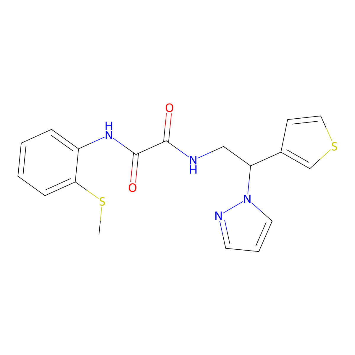 N1-(2-(1H-pyrazol-1-yl)-2-(thiophen-3-yl)ethyl)-N2-(2-(methylthio)phenyl)oxalamide molecular structure, CAS 2034563-76-1