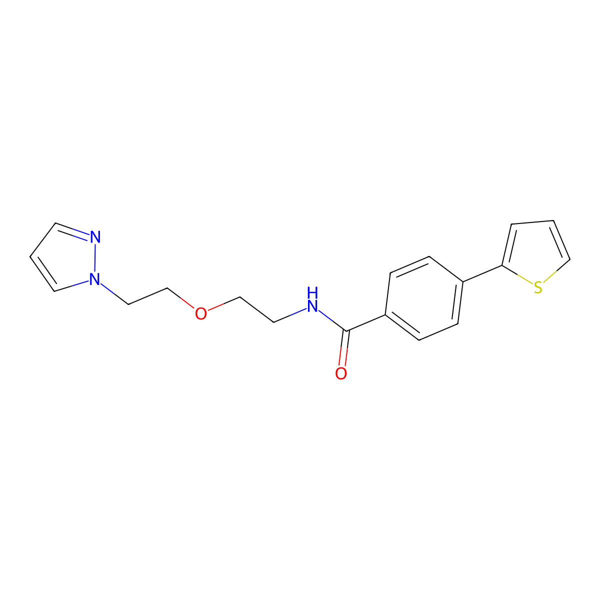 N-(2-(2-(1H-pyrazol-1-yl)ethoxy)ethyl)-4-(thiophen-2-yl)benzamide molecular structure, CAS 2034563-77-2