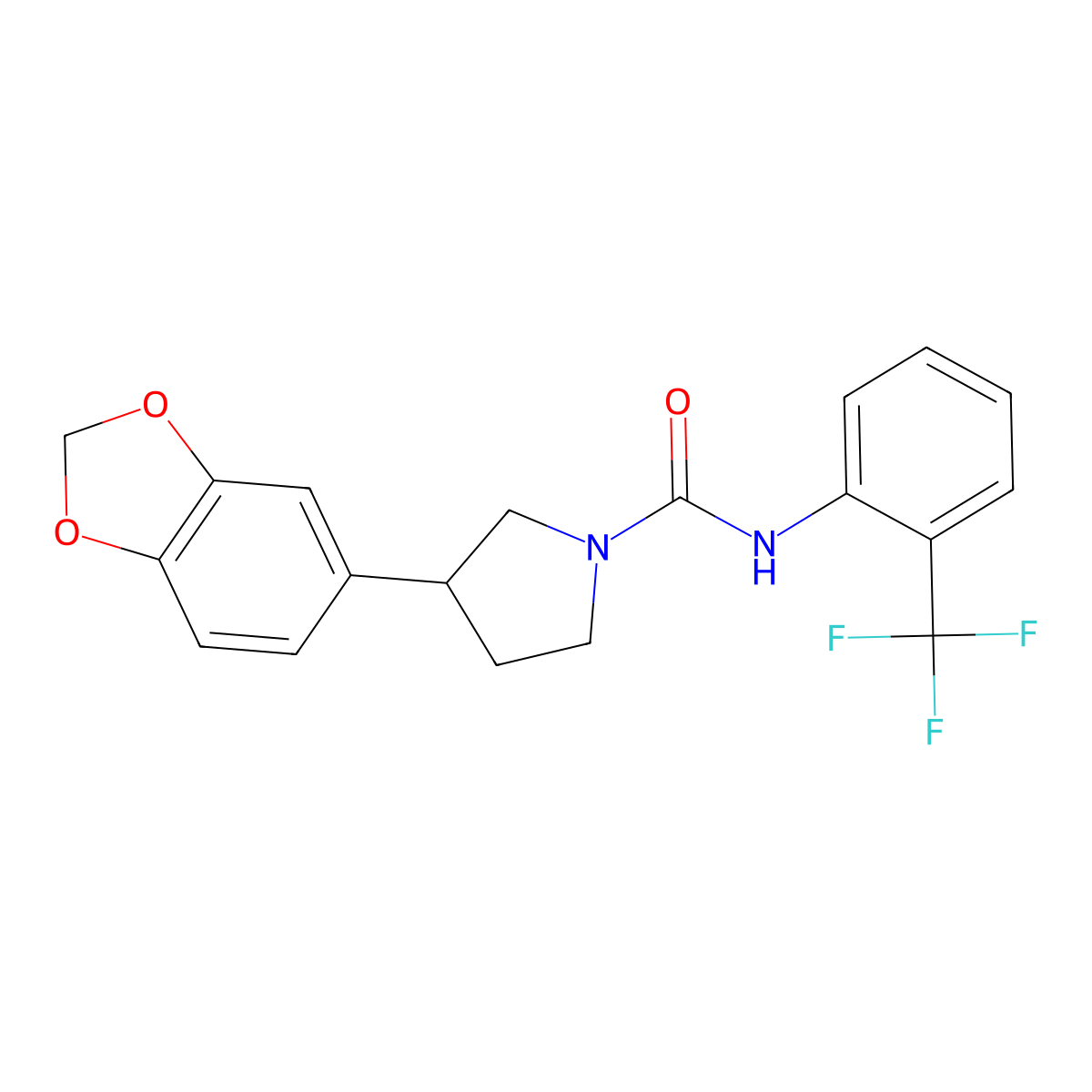 3-(benzo[d][1,3]dioxol-5-yl)-N-(2-(trifluoromethyl)phenyl)pyrrolidine-1-carboxamide molecular structure, CAS 2034563-84-1