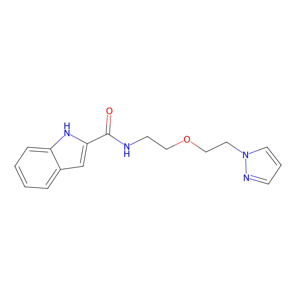N-(2-(2-(1H-pyrazol-1-yl)ethoxy)ethyl)-1H-indole-2-carboxamide molecular structure, CAS 2034563-86-3