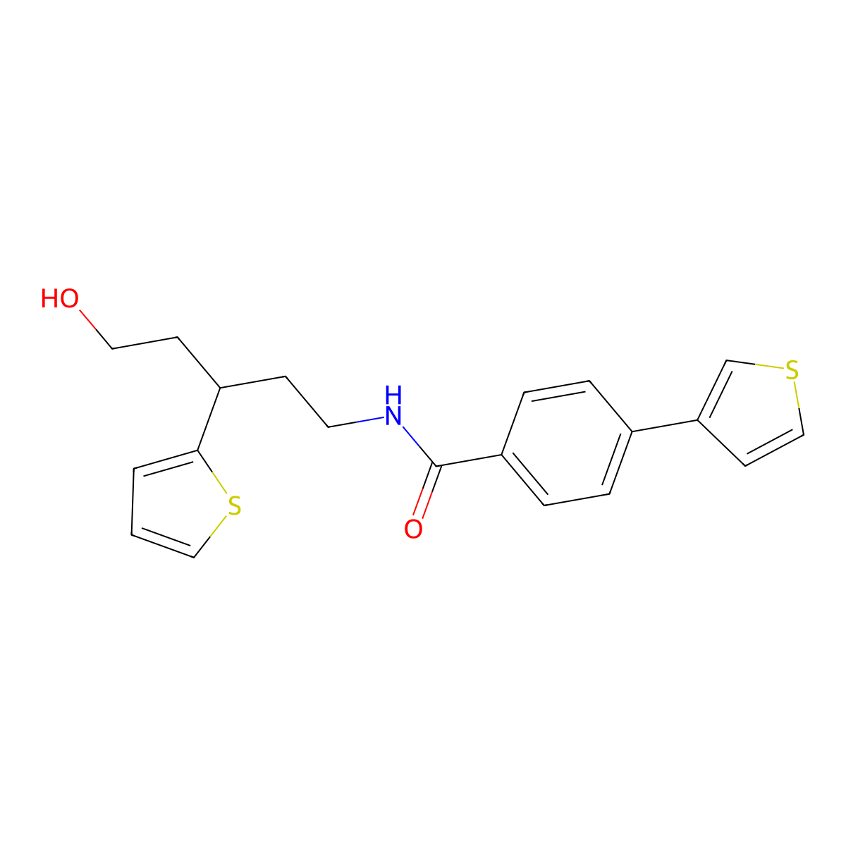 N-(5-hydroxy-3-(thiophen-2-yl)pentyl)-4-(thiophen-3-yl)benzamide molecular structure, CAS 2034563-88-5