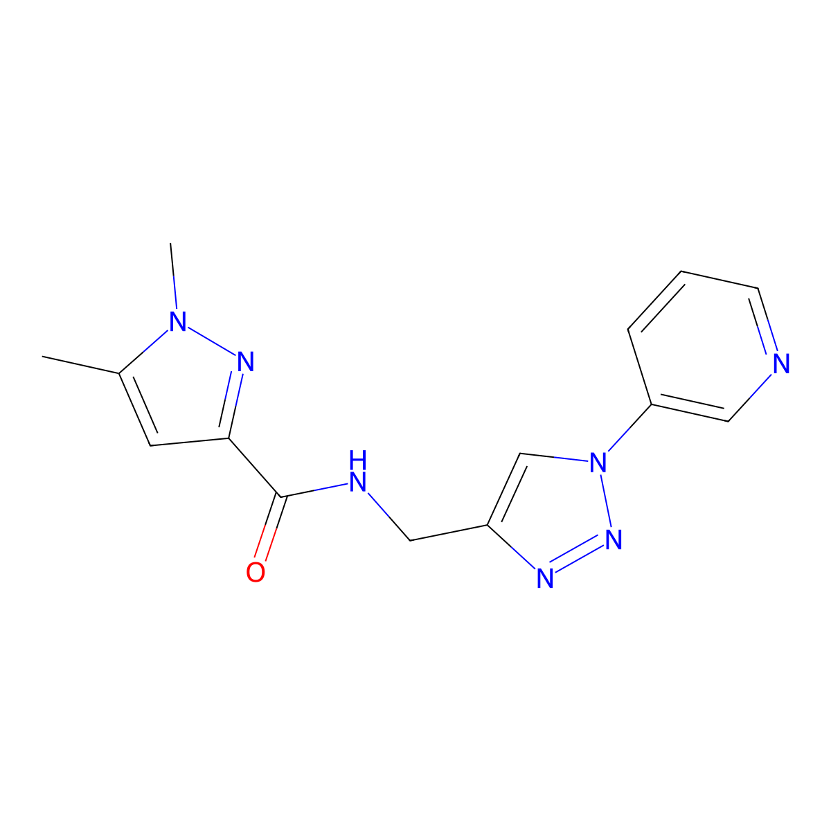 1,5-dimethyl-N-((1-(pyridin-3-yl)-1H-1,2,3-triazol-4-yl)methyl)-1H-pyrazole-3-carboxamide molecular structure, CAS 2034563-93-2