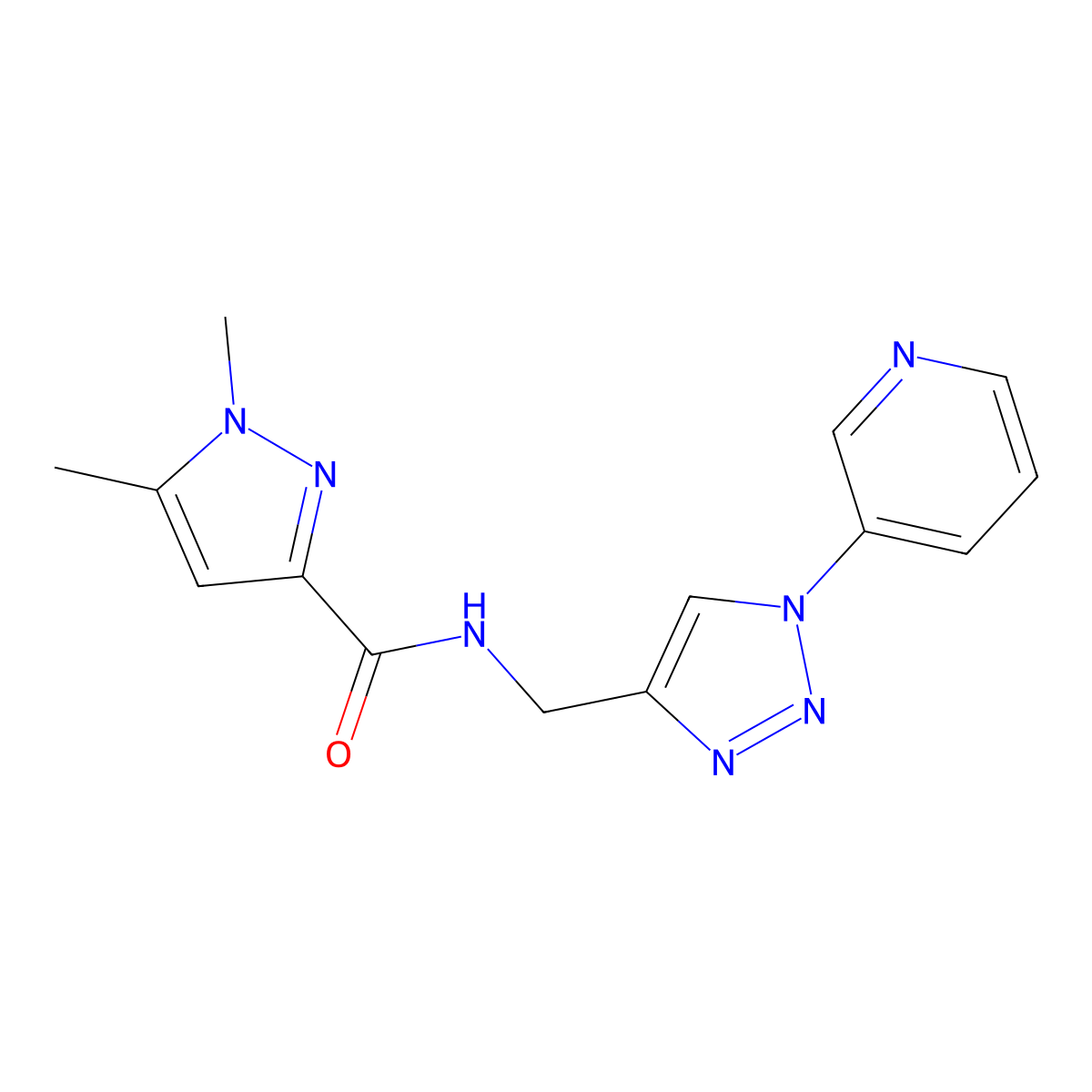 1,5-dimethyl-N-((1-(pyridin-3-yl)-1H-1,2,3-triazol-4-yl)methyl)-1H-pyrazole-3-carboxamide molecular structure, CAS 2034563-93-2