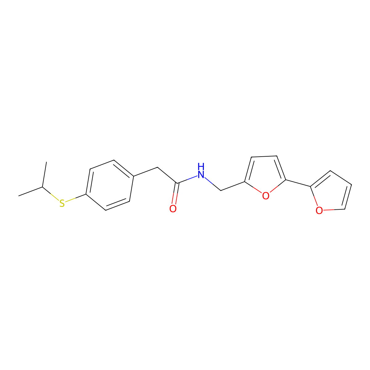 N-({[2,2'-bifuran]-5-yl}methyl)-2-[4-(propan-2-ylsulfanyl)phenyl]acetamide molecular structure, CAS 2034563-95-4
