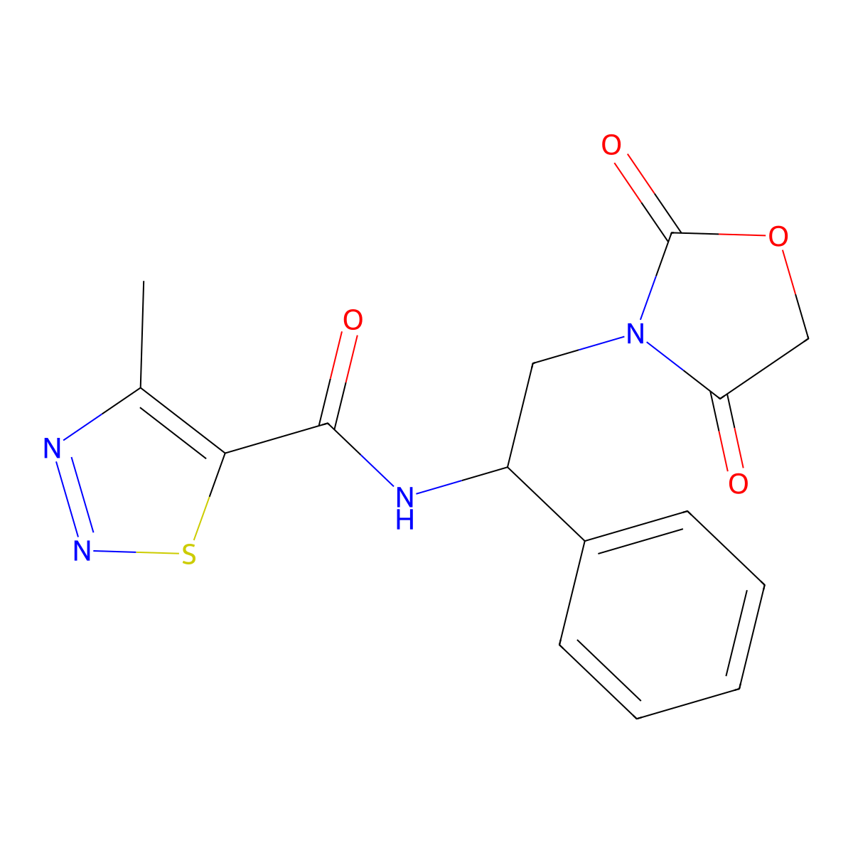 N-(2-(2,4-dioxooxazolidin-3-yl)-1-phenylethyl)-4-methyl-1,2,3-thiadiazole-5-carboxamide molecular structure, CAS 2034564-01-5