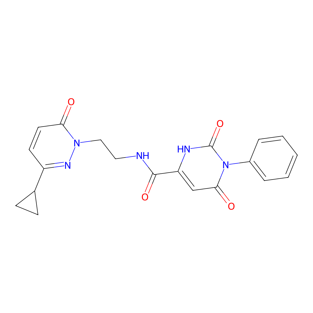 N-(2-(3-cyclopropyl-6-oxopyridazin-1(6H)-yl)ethyl)-2,6-dioxo-1-phenyl-1,2,3,6-tetrahydropyrimidine-4-carboxamide molecular structure, CAS 2034564-04-8