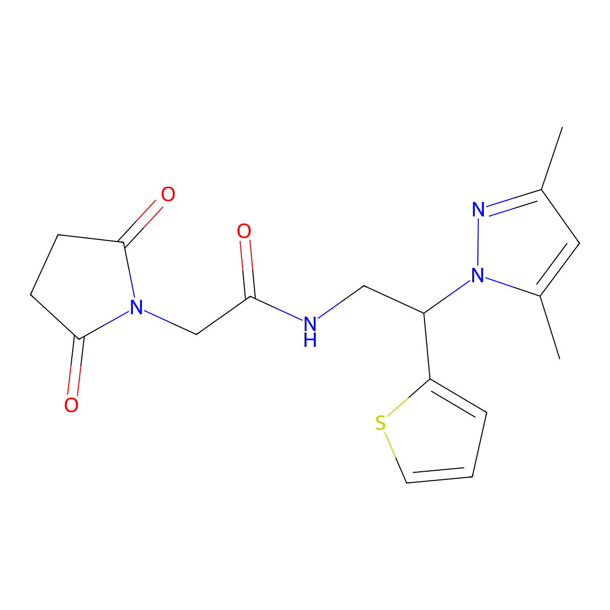 N-(2-(3,5-dimethyl-1H-pyrazol-1-yl)-2-(thiophen-2-yl)ethyl)-2-(2,5-dioxopyrrolidin-1-yl)acetamide molecular structure, CAS 2034564-09-3