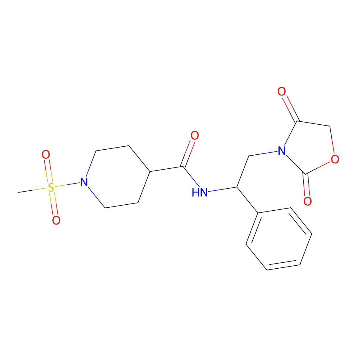 N-(2-(2,4-dioxooxazolidin-3-yl)-1-phenylethyl)-1-(methylsulfonyl)piperidine-4-carboxamide molecular structure, CAS 2034564-13-9