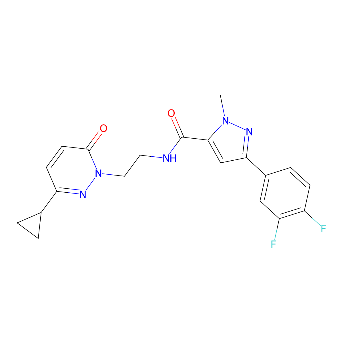 N-(2-(3-cyclopropyl-6-oxopyridazin-1(6H)-yl)ethyl)-3-(3,4-difluorophenyl)-1-methyl-1H-pyrazole-5-carboxamide molecular structure, CAS 2034564-16-2