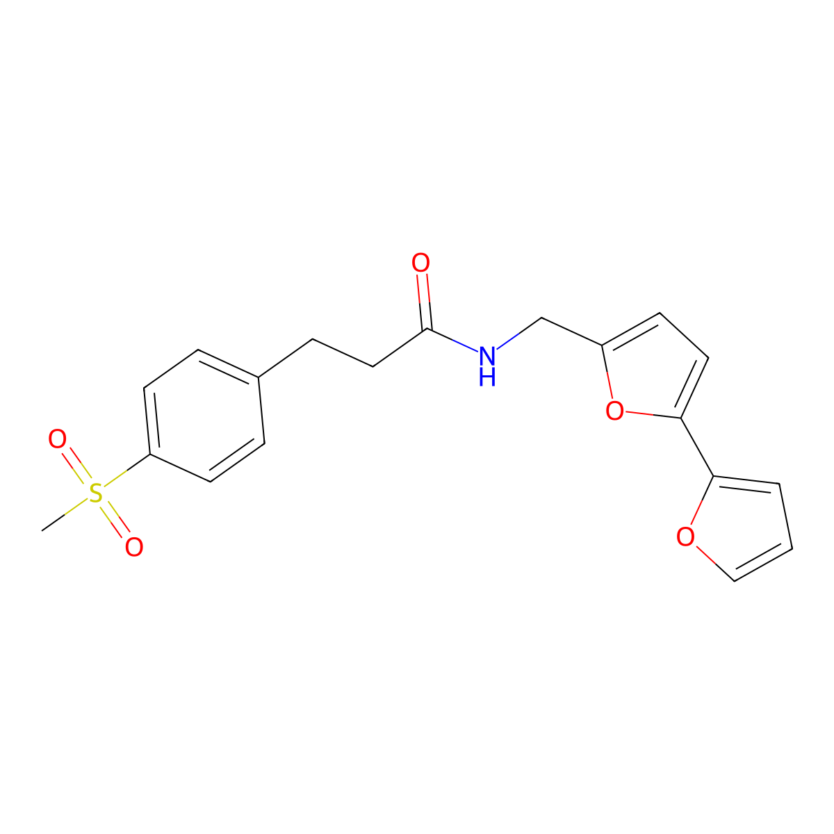 N-({[2,2'-bifuran]-5-yl}methyl)-3-(4-methanesulfonylphenyl)propanamide molecular structure, CAS 2034564-29-7