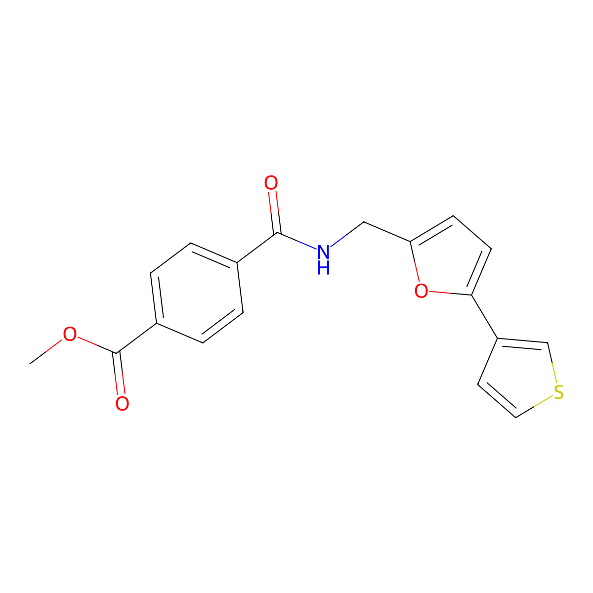 Methyl 4-(((5-(thiophen-3-yl)furan-2-yl)methyl)carbamoyl)benzoate molecular structure, CAS 2034564-33-3