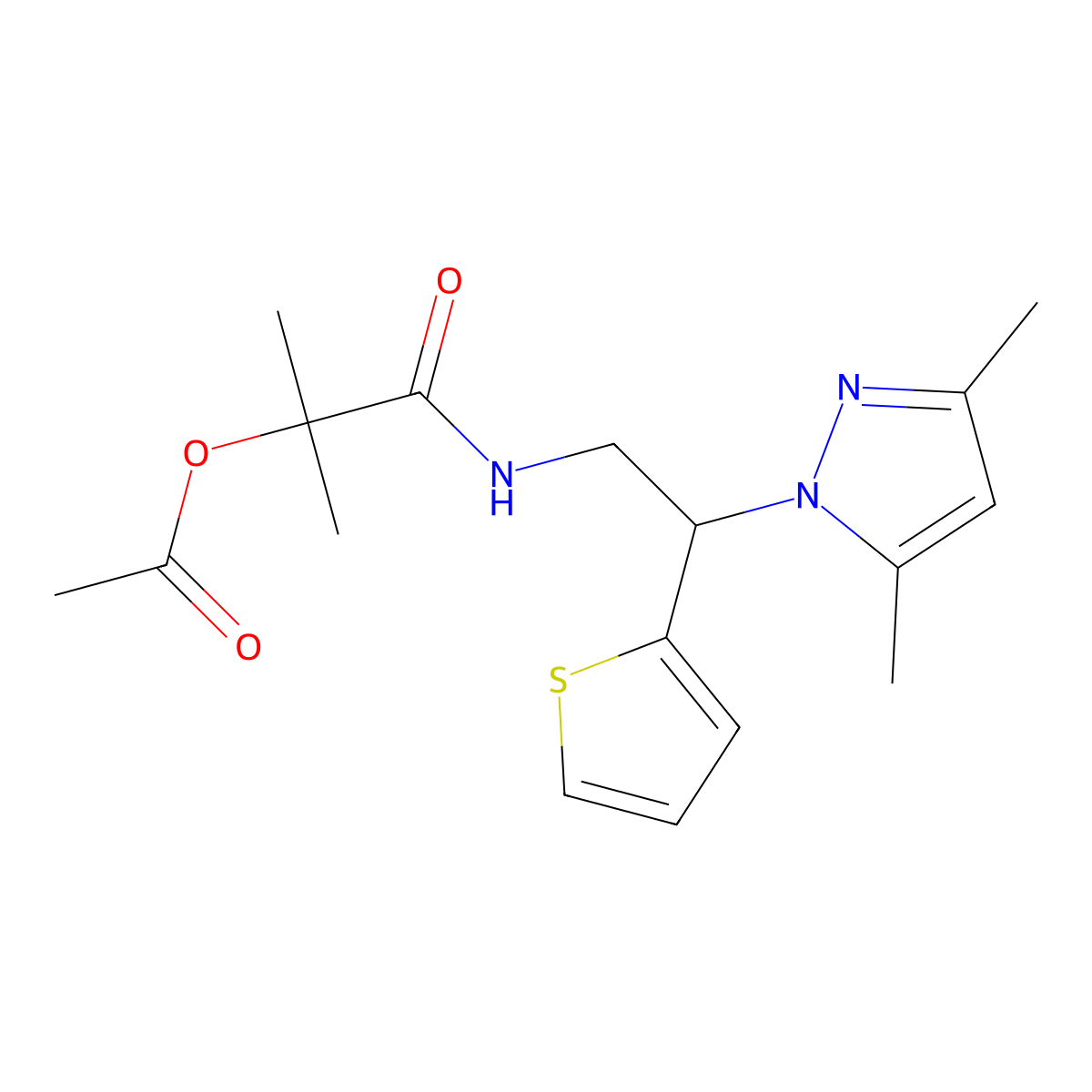 1-((2-(3,5-dimethyl-1H-pyrazol-1-yl)-2-(thiophen-2-yl)ethyl)amino)-2-methyl-1-oxopropan-2-yl acetate molecular structure, CAS 2034564-38-8