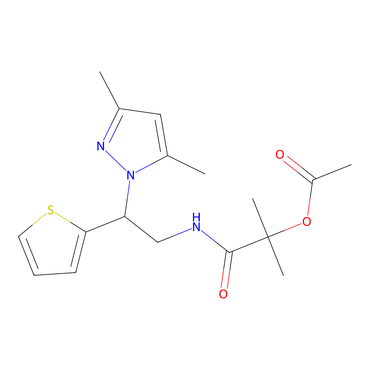 1-((2-(3,5-dimethyl-1H-pyrazol-1-yl)-2-(thiophen-2-yl)ethyl)amino)-2-methyl-1-oxopropan-2-yl acetate molecular structure, CAS 2034564-38-8