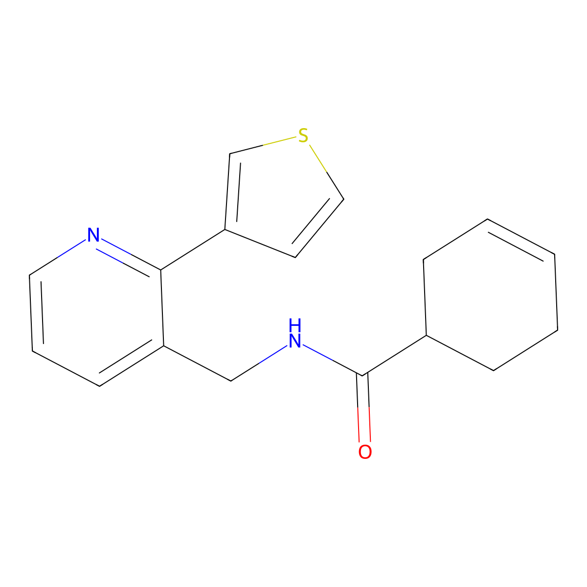 N-((2-(thiophen-3-yl)pyridin-3-yl)methyl)cyclohex-3-enecarboxamide molecular structure, CAS 2034564-39-9