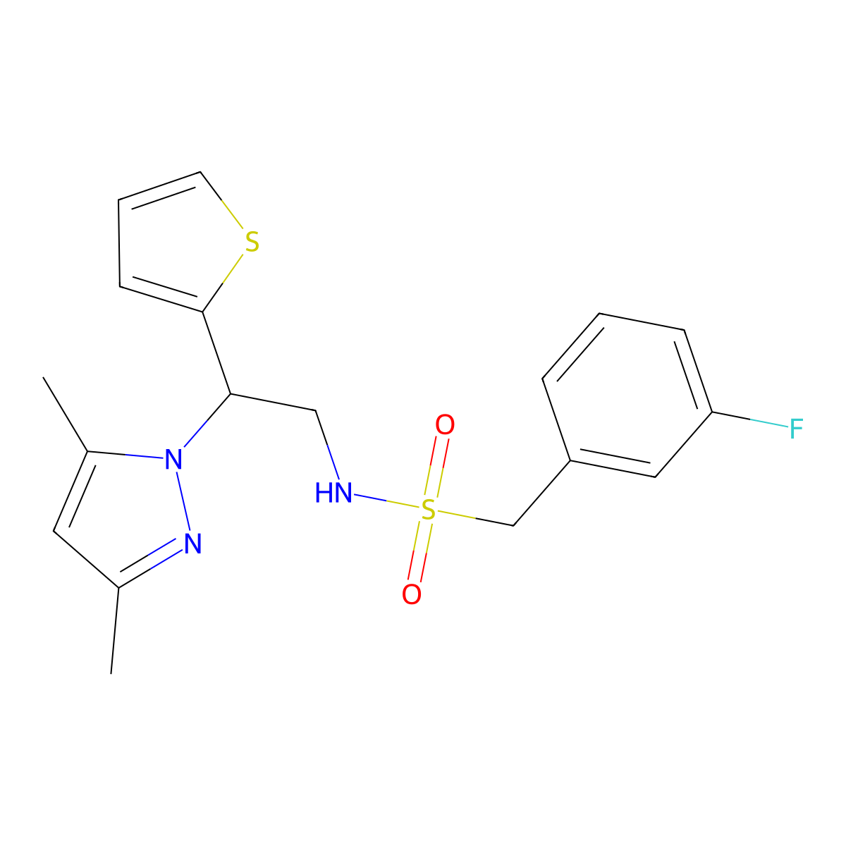 N-(2-(3,5-dimethyl-1H-pyrazol-1-yl)-2-(thiophen-2-yl)ethyl)-1-(3-fluorophenyl)methanesulfonamide molecular structure, CAS 2034564-48-0