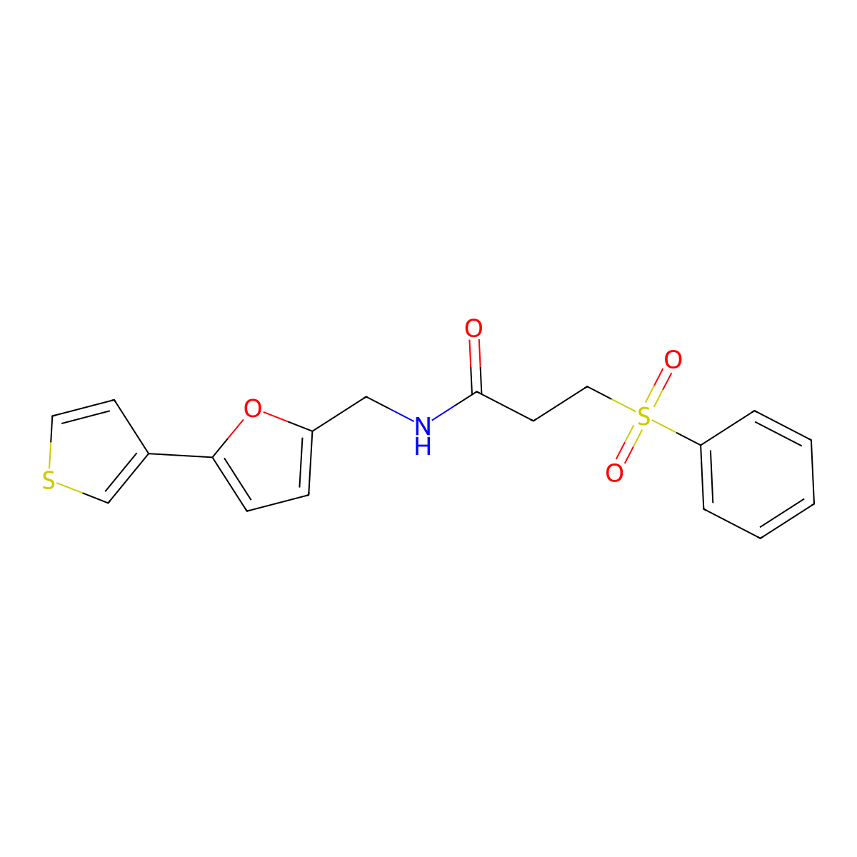 3-(phenylsulfonyl)-N-((5-(thiophen-3-yl)furan-2-yl)methyl)propanamide molecular structure, CAS 2034564-49-1