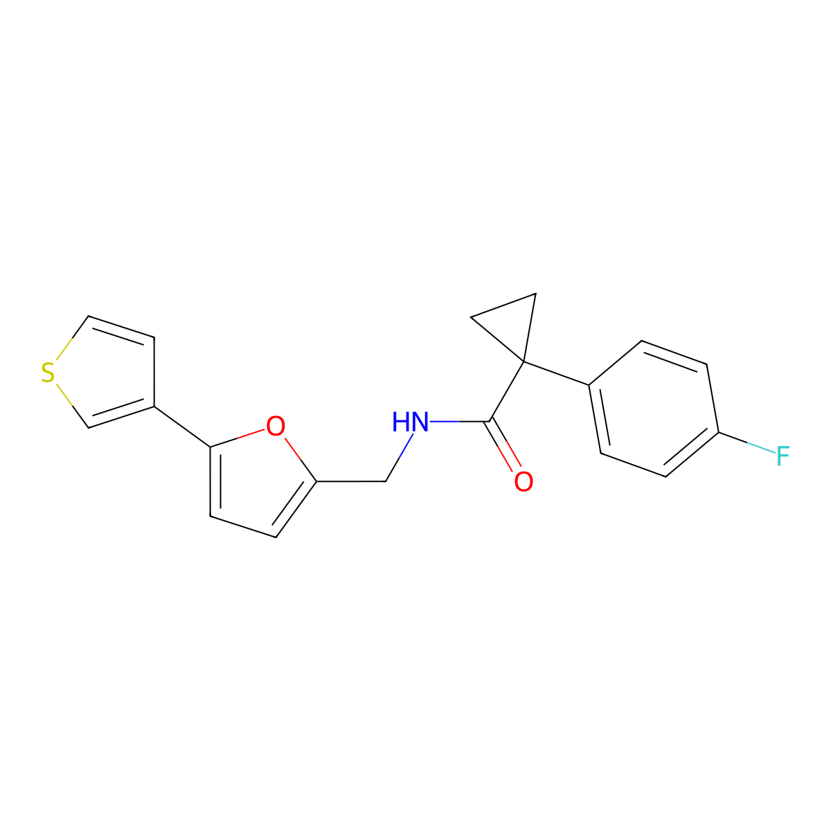 1-(4-fluorophenyl)-N-((5-(thiophen-3-yl)furan-2-yl)methyl)cyclopropanecarboxamide molecular structure, CAS 2034564-59-3