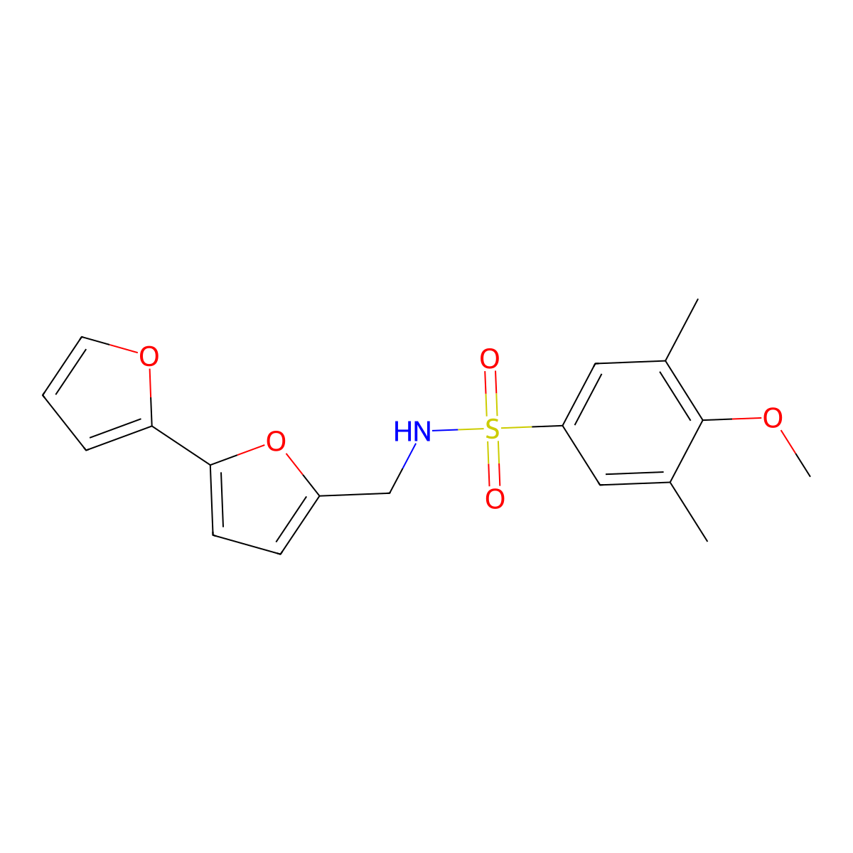 N-([2,2'-bifuran]-5-ylmethyl)-4-methoxy-3,5-dimethylbenzenesulfonamide molecular structure, CAS 2034564-60-6