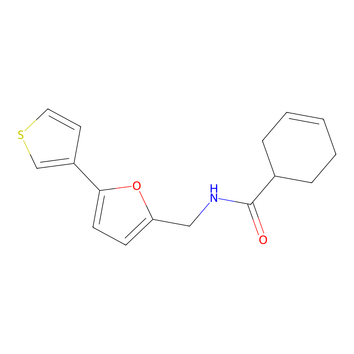 N-((5-(thiophen-3-yl)furan-2-yl)methyl)cyclohex-3-enecarboxamide molecular structure, CAS 2034564-69-5