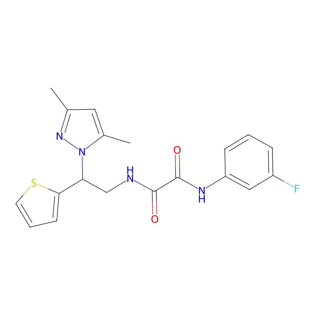 N1-(2-(3,5-dimethyl-1H-pyrazol-1-yl)-2-(thiophen-2-yl)ethyl)-N2-(3-fluorophenyl)oxalamide molecular structure, CAS 2034564-71-9