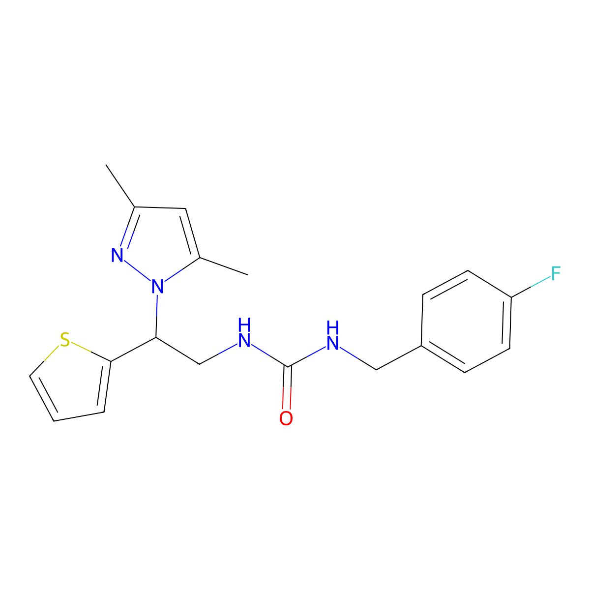 1-(2-(3,5-dimethyl-1H-pyrazol-1-yl)-2-(thiophen-2-yl)ethyl)-3-(4-fluorobenzyl)urea molecular structure, CAS 2034564-85-5