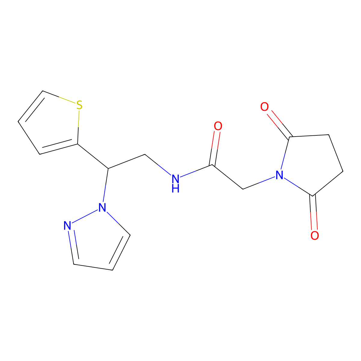 N-(2-(1H-pyrazol-1-yl)-2-(thiophen-2-yl)ethyl)-2-(2,5-dioxopyrrolidin-1-yl)acetamide molecular structure, CAS 2034564-90-2