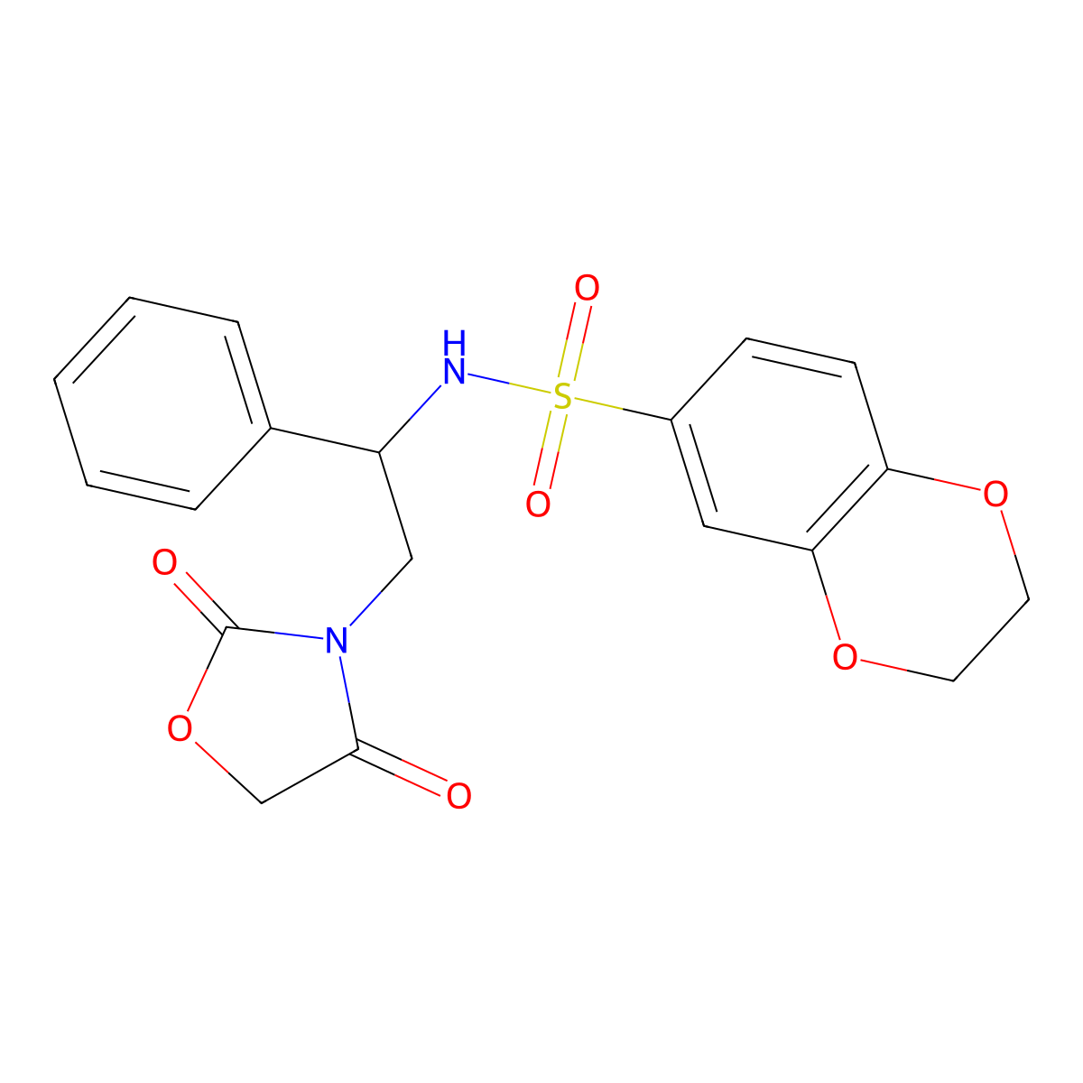 N-(2-(2,4-dioxooxazolidin-3-yl)-1-phenylethyl)-2,3-dihydrobenzo[b][1,4]dioxine-6-sulfonamide molecular structure, CAS 2034565-00-7