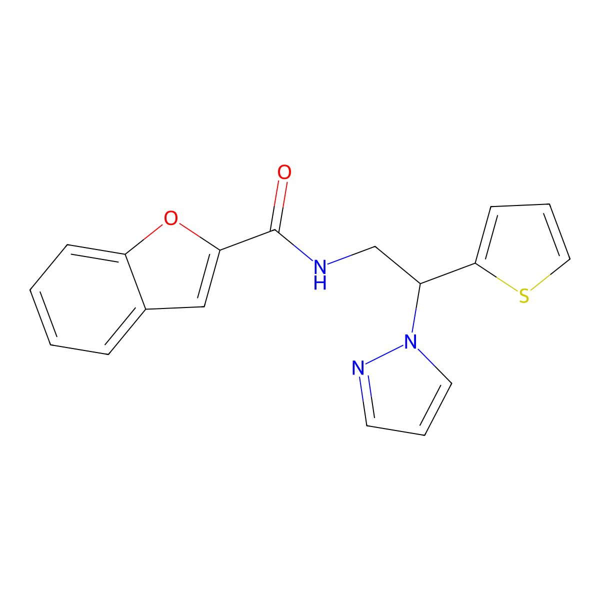 N-(2-(1H-pyrazol-1-yl)-2-(thiophen-2-yl)ethyl)benzofuran-2-carboxamide molecular structure, CAS 2034565-01-8